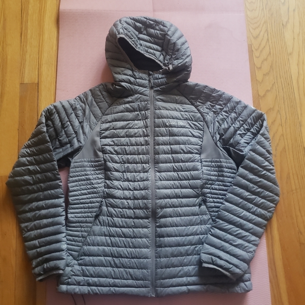 Women's Large Eddie Bauer Down Coat BROKEN ZIPPER Grey Hooded Jacket - Picture 2 of 16